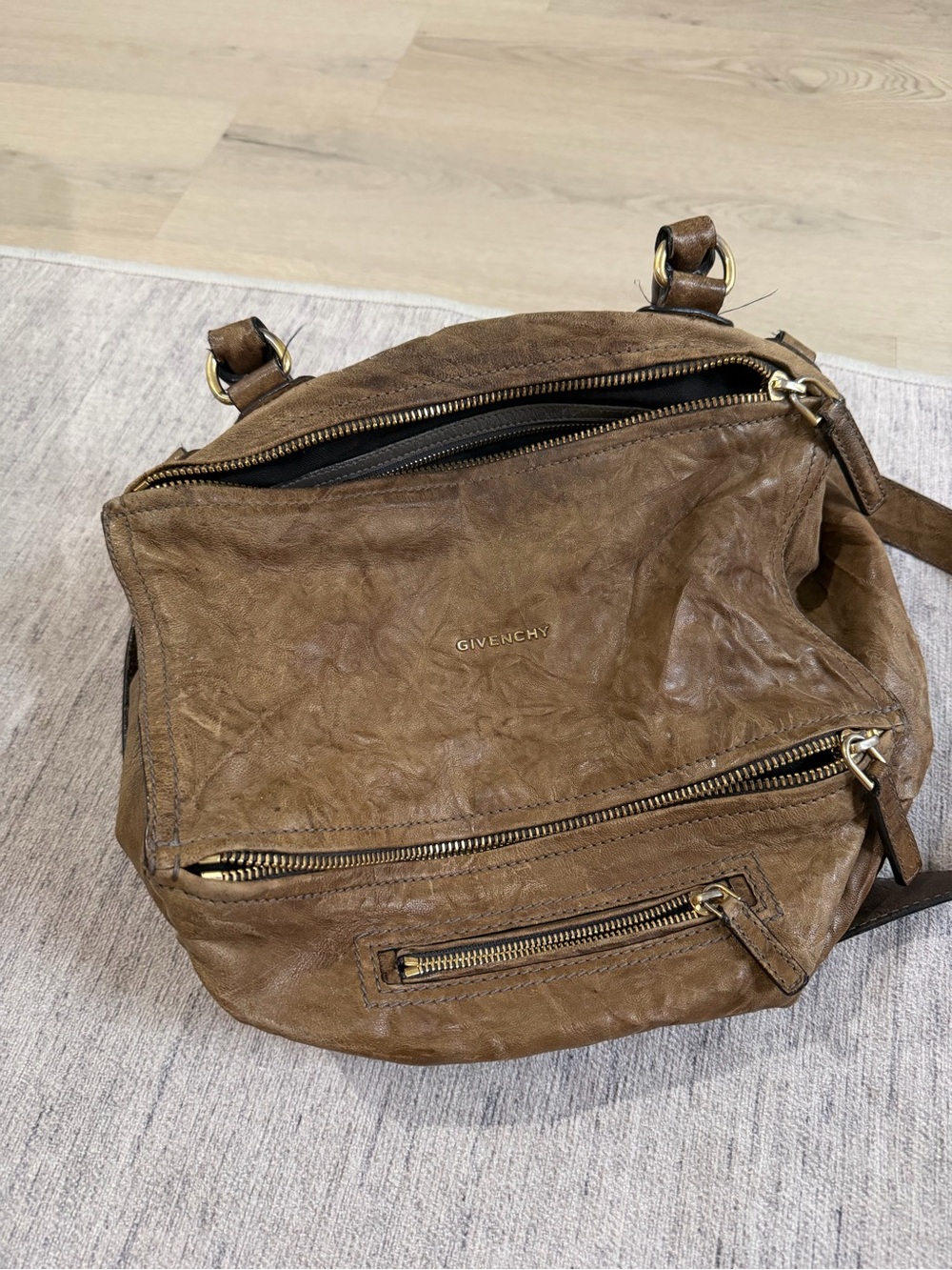 Givenchy Tan Distressed Leather Shoulder Bag with Gold Hardware